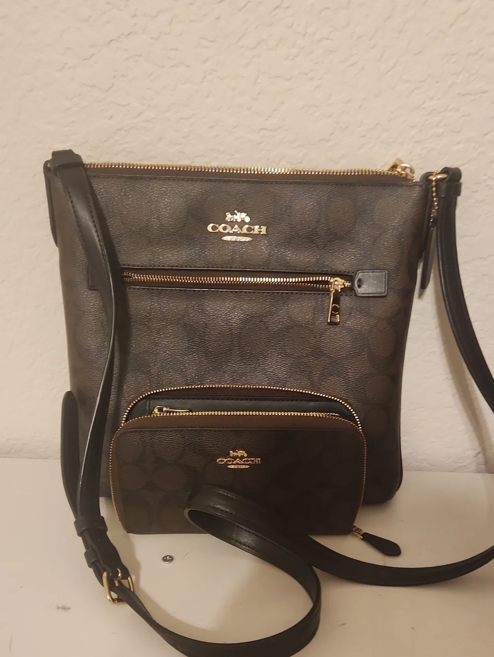 Coach Brown Signature Coated Canvas Crossbody with Coin Pouch